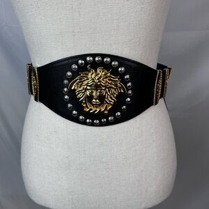 Versace Black and Gold Medusa Belt Rare Vintage Women Sz 28/70